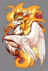 Size: 1378x2039 | Tagged: safe, artist:paipaishuaige, daybreaker, philomena, alicorn, phoenix, pony, g4, duo, ear fluff, fangs, female, gray background, grin, horn, looking at you, mare, simple background, smiling, spread wings, sun, unshorn fetlocks, wings