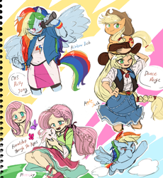 Size: 2852x3104 | Tagged: safe, artist:ameame_trine, applejack, fluttershy, rainbow dash, butterfly, earth pony, human, pegasus, pony, rabbit, dance magic, equestria girls, equestria girls specials, friendship through the ages, g4, animal, cloud, cute, dashabetes, flying, folk fluttershy, high res, human ponidox, microphone, one eye closed, open mouth, pixiv, ponied up, self ponidox, wink
