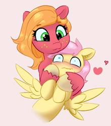 Size: 506x575 | Tagged: safe, artist:pabbley, color edit, edit, big macintosh, fluttershy, earth pony, pegasus, pony, g4, blushing, butterscotch, colored, female, heart, holding, holding a pony, larger female, macareina, male, mare, rule 63, ship:butterreina, ship:fluttermac, shipping, simple background, size difference, smaller male, smiling, spread wings, stallion, straight, wavy mouth, wingboner, wings