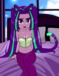 Size: 1400x1800 | Tagged: safe, artist:nekojackun, aria blaze, equestria girls, g4, ariabetes, bare shoulders, bed, belly button, cat ears, cat tail, catgirl, cloud, cute, cute little fangs, fangs, female, looking at you, open mouth, pillow, sitting, sky, sleeveless, slit pupils, solo, strapless, sun, tail, window