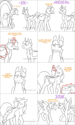 Size: 2560x4268 | Tagged: safe, artist:spartalabouche, sunset shimmer, twilight sparkle, alicorn, pony, g4, alicornified, bag, comic, curved horn, dialogue, duo, eyes closed, female, glowing, glowing horn, horn, magic, magic mirror, mirror, race swap, saddle bag, shimmercorn, shocked, smiling, spread wings, surprised, twilight sparkle (alicorn), wings