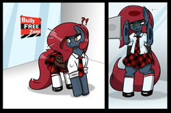 Size: 3162x2081 | Tagged: safe, artist:n-o-n, oc, oc only, oc:jessi-ka, pony, against glass, bipedal, bully, clothes, glass, high res, necktie, panel, school, skirt, socks, solo, spying