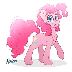 Size: 3000x3000 | Tagged: safe, artist:fluffyxai, pinkie pie, pony, g4, chest fluff, cute, glitter, high res, looking at you, pinkie pie day 2021, simple background, smiling, solo, sparkly, white background