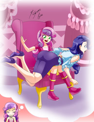 Size: 1280x1657 | Tagged: safe, artist:shinta-girl, rarity, sweetie belle, human, equestria girls, g4, ass, blushing, boots, boutique, breasts, butt, carousel boutique, chair, clothes, crying, curtains, dream, eyes closed, female, foaldom, high heels, human coloration, humanized, imagine spot, imagining, makeup, open mouth, over the knee, punishment, rarity peplum dress, rearity, shoes, siblings, sisters, smiling, spanking, thought bubble