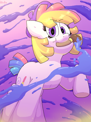 Size: 1249x1673 | Tagged: safe, artist:spritecranbirdie, toola roola, toola-roola, earth pony, pony, g3, g3.5, abstract background, beret, cutie mark, female, hat, paint, paintbrush, painting, solo, sparkles