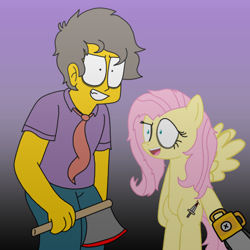 Size: 2048x2048 | Tagged: safe, artist:haileykitty69, fluttershy, human, pegasus, pony, .mov, shed.mov, g4, axe, bipedal, chainsaw, crossover, female, fluttermour, fluttershed, high res, male, mare, nightmare cafeteria, seymour skinner, the simpsons, treehouse of horror, weapon
