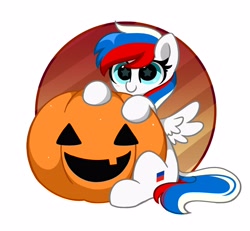 Size: 3670x3387 | Tagged: safe, artist:kittyrosie, part of a set, oc, oc only, pegasus, pony, commission, cute, halloween, high res, holiday, ocbetes, pumpkin, solo, starry eyes, wingding eyes, ych result