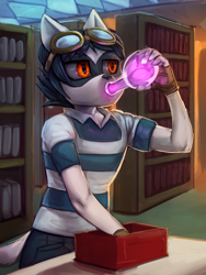 Size: 2700x3600 | Tagged: safe, artist:general-irrelevant, part of a set, oc, oc only, oc:palette painter, raccoon, anthro, anthro oc, anthro to pony, bookshelf, box, canterlot high, character to character, clothes, commission, drink, drinking, fingerless gloves, furry, furry oc, furry to pony, gloves, glowing, goggles, high res, implied twilight sparkle, library, lunchbox, magic, male, male to female, part of a series, potion, rule 63, sequence, shirt, solo, standing, table, transformation, transformation sequence, transgender transformation