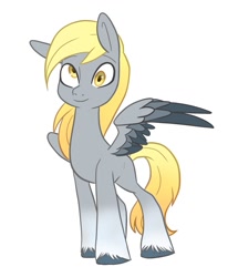 Size: 1047x1220 | Tagged: safe, artist:smirk, derpy hooves, pegasus, pony, g4, coat markings, colored hooves, colored wings, looking at you, looking up, missing cutie mark, redesign, simple background, smiling, socks (coat markings), solo, unshorn fetlocks, white background, wings
