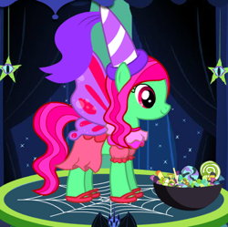 Size: 389x388 | Tagged: safe, artist:user15432, minty, earth pony, fairy, pony, g3, g4, bowl, candy, clothes, costume, fairy costume, fairy princess, fairy princess outfit, fairy wings, fairyized, food, g3 to g4, generation leap, halloween, halloween costume, hat, hennin, holiday, lollipop, nightmare night, nightmare night costume, pink dress, pink shoes, pony maker, ponymaker, princess, princess costume, princess minty, purple wings, shoes, solo, wings