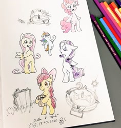 Size: 966x1024 | Tagged: safe, artist:fipoki, apple bloom, fluttershy, pinkie pie, rainbow dash, rarity, earth pony, pegasus, pony, unicorn, g4, bipedal, colored, female, filly, irl, mare, photo, sketch, traditional art