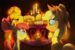 Size: 1500x1000 | Tagged: safe, artist:talonsofwater, apple bloom, applejack, earth pony, pony, g4, altar, altar de muertos, apple sisters, candle, cempasúchil, dia de los muertos, duo, female, filly, implied bright mac, implied pear butter, mare, ofrenda, shrine, siblings, sisters