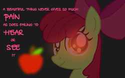 Size: 1280x800 | Tagged: safe, artist:highray, apple bloom, earth pony, pony, g4, apple, female, filly, food, solo, text