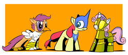 Size: 3500x1500 | Tagged: safe, artist:talonsofwater, apple bloom, scootaloo, sweetie belle, earth pony, pegasus, pony, unicorn, g4, animal costume, chicken suit, clothes, costume, cutie mark crusaders, female, filly, nightmare moon costume, nightmare night, robot costume, scootachicken, sweetie bot, trio