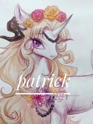 Size: 1080x1440 | Tagged: safe, artist:paipaishuaige, oc, oc only, original species, pony, unicorn, floral head wreath, flower, goat horns, horn, horns, jewelry, necklace, obtrusive watermark, slit pupils, solo, traditional art, unicorn horn, watermark