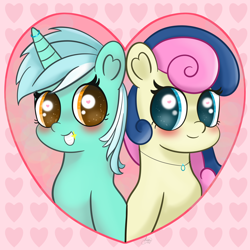 Size: 2160x2160 | Tagged: safe, artist:limitmj, bon bon, lyra heartstrings, sweetie drops, earth pony, pony, unicorn, g4, duo, female, high res, jewelry, lesbian, necklace, ship:lyrabon, shipping