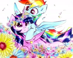 Size: 2724x2162 | Tagged: safe, artist:liaaqila, rainbow dash, twilight sparkle, alicorn, pegasus, pony, g4, commission, cute, dashabetes, duo, duo female, female, floral head wreath, flower, folded wings, high res, lesbian, mare, mouth hold, ship:twidash, shipping, signature, spread wings, traditional art, twiabetes, twilight sparkle (alicorn), wings