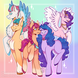 Size: 2000x2000 | Tagged: safe, artist:plagued-arts, hitch trailblazer, izzy moonbow, pipp petals, sunny starscout, zipp storm, earth pony, pegasus, unicorn, g5, my little pony: a new generation, spoiler:my little pony: a new generation, bisexual pride flag, blaze (coat marking), blushing, braid, chest fluff, coat markings, colored eyebrows, colored hooves, colored pupils, ear fluff, ear tufts, eyes closed, eyeshadow, facial markings, feathered fetlocks, female, freckles, grin, headcanon, high res, izzyscout, lesbian, lesbian in front of boys, lgbt headcanon, makeup, male, mane five (g5), mare, one eye closed, open mouth, open smile, pride, pride flag, quintet, rainbow background, raised hoof, raised leg, sexuality headcanon, shipping, signature, smiling, snip (coat marking), socks (coat markings), stallion, stars, unshorn fetlocks, white pupils, wrong eye color