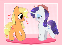 Size: 2257x1654 | Tagged: safe, artist:syrupyyy, applejack, rarity, earth pony, pony, unicorn, g4, accessory theft, applejack's hat, bedroom eyes, blushing, cowboy hat, cute, duo, duo female, eyeshadow, female, floating heart, freckles, hat, heart, jackabetes, lesbian, looking at each other, looking at someone, makeup, mare, open mouth, ponytober, raised leg, raribetes, ship:rarijack, shipping