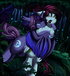 Size: 3030x3300 | Tagged: safe, artist:pridark, oc, oc only, oc:cinnamon music, oc:siren, alicorn, bat pony, bat pony alicorn, pegasus, pony, vampire, bat pony oc, bat wings, biting, caught, chest fluff, commission, cutie mark, duo, flower, forest, green eyes, high res, horn, neck biting, one eye closed, open mouth, pegasus oc, purple eyes, screaming, wings
