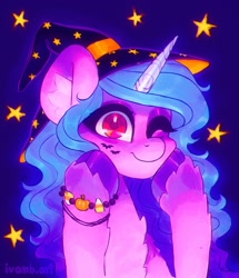 Size: 1762x2048 | Tagged: safe, artist:p0nyplanet, izzy moonbow, pony, unicorn, g5, my little pony: a new generation, bracelet, clothes, costume, cute, ear fluff, halloween, halloween costume, hat, holiday, izzybetes, jewelry, one eye closed, wink, witch hat