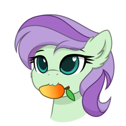 Size: 1280x1280 | Tagged: safe, artist:itsnovastarblaze, violet twirl, pegasus, pony, background pony, bust, cheek fluff, ear fluff, female, food, friendship student, herbivore, mango, mare, nom, portrait, simple background, solo, transparent background, wingding eyes, ych example, your character here