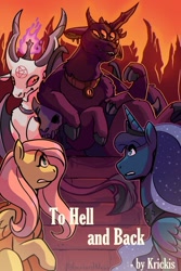 Size: 750x1125 | Tagged: safe, artist:overlordneon, fluttershy, princess luna, alicorn, demon, pegasus, pony, fanfic:to hell and back, g4, baphomet, commission, extra eyes, extra legs, fanfic, fanfic art, fanfic cover, four eyes, hell, multiple eyes, multiple legs, satan, six legs, text