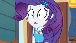 Size: 3410x1920 | Tagged: safe, screencap, rarity, equestria girls, equestria girls specials, g4, my little pony equestria girls: better together, my little pony equestria girls: rollercoaster of friendship, female, geode of shielding, hairpin, high res, magical geodes, open mouth, rarity peplum dress, shrunken pupils, solo