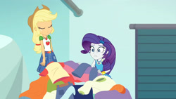 Size: 3410x1920 | Tagged: safe, screencap, applejack, rarity, equestria girls, equestria girls specials, g4, my little pony equestria girls: better together, my little pony equestria girls: rollercoaster of friendship, applejack's hat, belt, bracelet, clothes, cowboy hat, cutie mark, cutie mark on clothes, denim skirt, eyes closed, female, geode of shielding, geode of super strength, hairpin, hat, high res, jewelry, magical geodes, necklace, rarity peplum dress, skirt