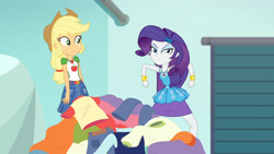 Size: 3410x1920 | Tagged: safe, screencap, applejack, rarity, equestria girls, equestria girls specials, g4, my little pony equestria girls: better together, my little pony equestria girls: rollercoaster of friendship, applejack's hat, belt, bracelet, clothes, cowboy hat, cutie mark, cutie mark on clothes, denim skirt, female, geode of shielding, geode of super strength, hairpin, hat, high res, jewelry, magical geodes, necklace, rarity peplum dress, skirt