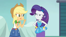 Size: 3410x1920 | Tagged: safe, screencap, applejack, rarity, equestria girls, equestria girls specials, g4, my little pony equestria girls: better together, my little pony equestria girls: rollercoaster of friendship, applejack's hat, belt, bracelet, clothes, cowboy hat, cutie mark, cutie mark on clothes, denim skirt, female, geode of shielding, geode of super strength, hairpin, hand on hip, hat, high res, jewelry, magical geodes, necklace, open mouth, rarity peplum dress, skirt