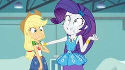 Size: 3410x1920 | Tagged: safe, screencap, applejack, rarity, equestria girls, equestria girls specials, g4, my little pony equestria girls: better together, my little pony equestria girls: rollercoaster of friendship, applejack's hat, belt, bracelet, clothes, cowboy hat, cutie mark, cutie mark on clothes, denim skirt, faic, female, freckles, geode of shielding, geode of super strength, hair, hairpin, hat, high res, jewelry, magical geodes, makeup, necklace, nervous, ponytail, rarisnap, rarity peplum dress, skirt, teenager, teeth, worried