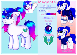 Size: 3120x2258 | Tagged: safe, artist:legionsunite, oc, oc only, oc:magenta pulse, pony, unicorn, clothes, high res, ponytail, profile, reference sheet, simple background, text