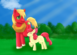 Size: 2912x2059 | Tagged: safe, artist:fia94, apple bloom, big macintosh, earth pony, pony, g4, female, filly, high res, male, sabe, siblings, stallion