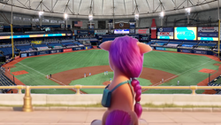 Size: 1000x563 | Tagged: safe, edit, edited screencap, screencap, sunny starscout, earth pony, human, pony, g5, my little pony: a new generation, spoiler:my little pony: a new generation, baseball, boston red sox, female, irl, irl human, mare, mlb, photo, photoshop, ponies in real life, sitting, solo, sports, stadium, tampa bay rays, tropicana field