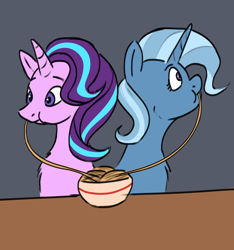 Size: 1280x1365 | Tagged: safe, artist:applejackofalltrades, starlight glimmer, trixie, pony, unicorn, g4, eating, female, food, lady and the tramp, lesbian, pasta, ship:startrix, shipping, spaghetti, this will end in kisses