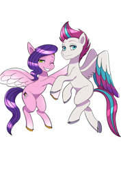 Size: 2894x4093 | Tagged: safe, artist:haibaratomoe, pipp petals, zipp storm, pegasus, pony, g5, my little pony: a new generation, colored wings, duo, duo female, eyebrows, eyebrows visible through hair, female, flying, grin, gritted teeth, high res, looking at you, mare, multicolored wings, one eye closed, royal sisters (g5), siblings, simple background, sisters, smiling, smiling at you, spread wings, white background, wings, wink, winking at you