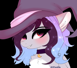 Size: 4850x4332 | Tagged: safe, artist:2pandita, oc, oc only, oc:zeila, pegasus, pony, absurd resolution, black background, bust, female, hat, mare, portrait, simple background, solo, witch hat