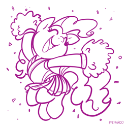 Size: 2048x2048 | Tagged: safe, artist:pfeffaroo, pinkie pie, earth pony, pony, g4, cheerleader, cheerleader outfit, clothes, eyes closed, high res, monochrome, pom pom, simple background, smiling, solo, white background