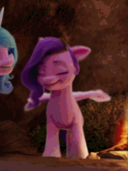 Size: 351x470 | Tagged: safe, screencap, izzy moonbow, pipp petals, pegasus, pony, unicorn, g5, my little pony: a new generation, spoiler:my little pony: a new generation, adorapipp, animated, cropped, cute, female, flapping wings, gif, i watch it for the ears, mare, open mouth, open smile, smiling, solo focus, sweet dreams fuel, wings