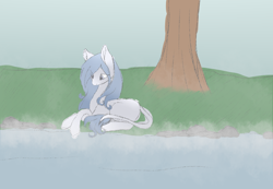 Size: 1206x834 | Tagged: safe, artist:daringpineapple, oc, oc only, pony, deviantart watermark, female, grass, leonine tail, lying down, mare, obtrusive watermark, outdoors, river, solo, tail, tree, watermark