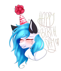 Size: 1353x1581 | Tagged: safe, artist:daringpineapple, oc, oc only, oc:beats, pony, blushing, bust, eyes closed, female, happy birthday, hat, mare, party hat, simple background, solo, transparent background