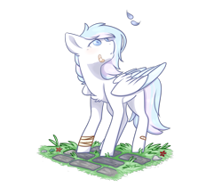 Size: 1183x997 | Tagged: safe, artist:daringpineapple, oc, oc only, oc:winter lullaby, pegasus, pony, bandage, bandaid, chest fluff, female, flower, folded wings, grass, looking up, mare, simple background, solo, standing, transparent background, wings