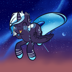Size: 3000x3000 | Tagged: safe, artist:zombietator, oc, oc only, alicorn, pony, alicorn oc, aurora borealis, colored hooves, crescent moon, female, flying, high res, horn, mare, moon, night, solo, stars, tattoo, wings