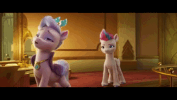 Size: 1280x720 | Tagged: safe, screencap, pipp petals, queen haven, zipp storm, pegasus, pony, g5, my little pony: a new generation, spoiler:my little pony: a new generation, a phony pony full of baloney, adorapipp, animated, crown, cute, female, g5 pegasi can't fly, jewelry, mare, mi mi miii, mother and child, mother and daughter, necklace, regalia, royal sisters (g5), siblings, singing, sisters, sound, spread wings, suspended, webm, wings, wires