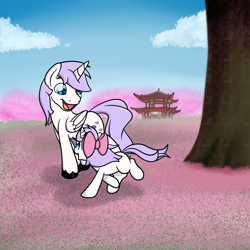 Size: 3000x3000 | Tagged: safe, artist:zombietator, oc, oc only, alicorn, pony, alicorn oc, bow, building, cloud, duo, hair bow, high res, horn, looking back, outdoors, running, smiling, tree, wings