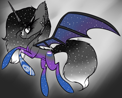 Size: 2352x1889 | Tagged: safe, artist:beamybutt, oc, oc only, alicorn, bat pony, bat pony alicorn, pony, bat pony oc, bat wings, ear fluff, ethereal mane, eyelashes, female, horn, mare, rearing, solo, starry mane, starry wings, tattoo, wings