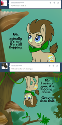 Size: 650x1302 | Tagged: safe, artist:toadstool-prancer, doctor whooves, time turner, oc, oc:tantamount, changeling, earth pony, pony, tantamount time turner, g4, blue eyes, changeling oc, disguise, disguised changeling, earth pony oc, eyes open, green sclera, male, male oc, pony oc, solo, stallion, tree, upside down