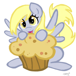 Size: 1200x1200 | Tagged: safe, artist:telasra, derpy hooves, pegasus, pony, g4, eyelashes, female, food, mare, micro, muffin, simple background, smiling, solo, white background, wings