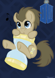 Size: 595x842 | Tagged: safe, artist:telasra, doctor whooves, time turner, earth pony, pony, g4, abstract background, hourglass, male, micro, music notes, smiling, solo, stallion